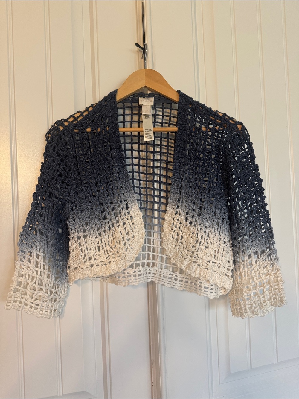 Chico's Navy to Cream Crochet Openwork Shrug Cardigan